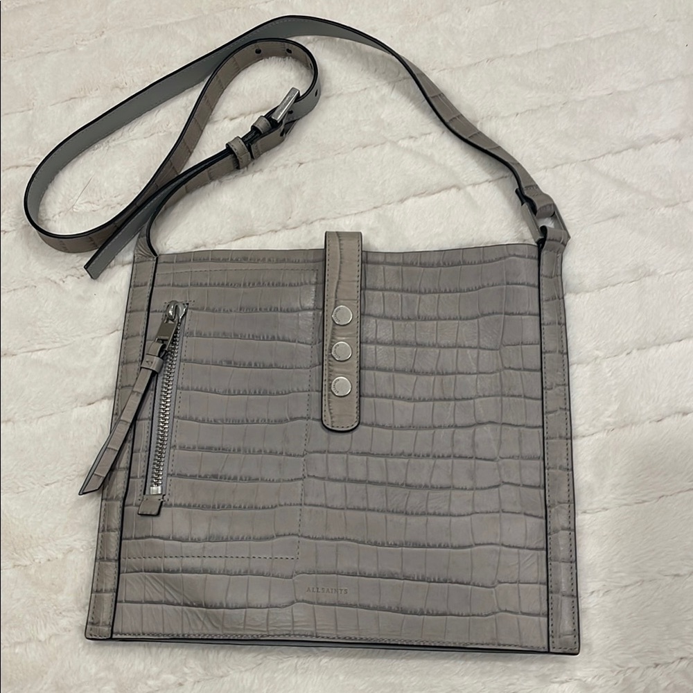 Allsaints Croc-Embossed Leather Gray Crossbody Bag